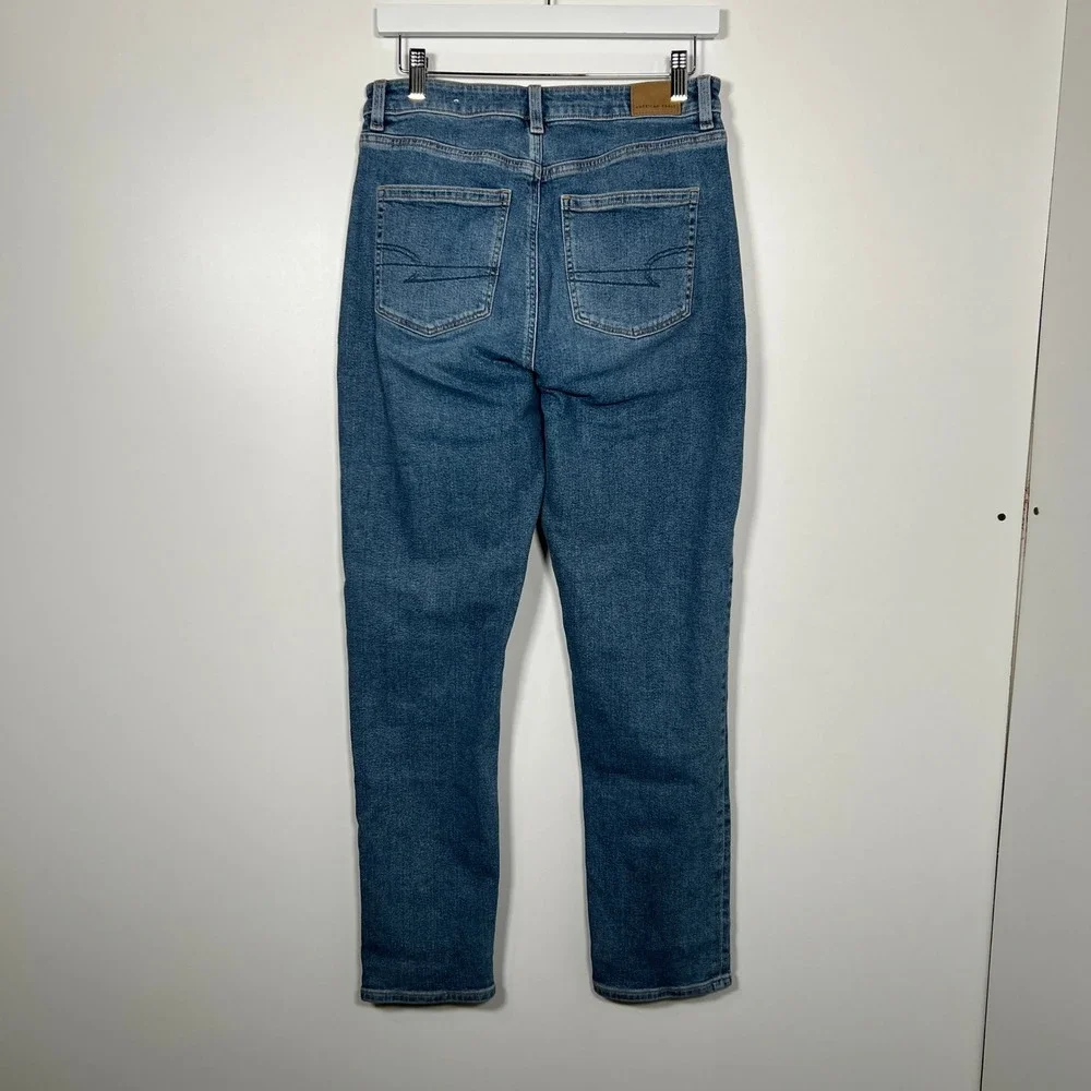 American Eagle High Rise Mom Jeans Stretch Medium Wash 8 Long Slim Leg - Picture 3 of 11